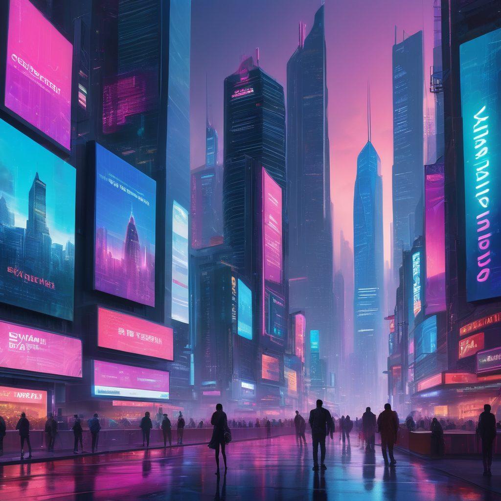A futuristic cityscape at dusk with skyscrapers displaying vibrant digital billboards showcasing Alicia's Web Services. A central holographic hub projecting website analytics, design tools, and user engagement metrics with human figures interacting and building websites. Cyberpunk style. vibrant colors. 3D.