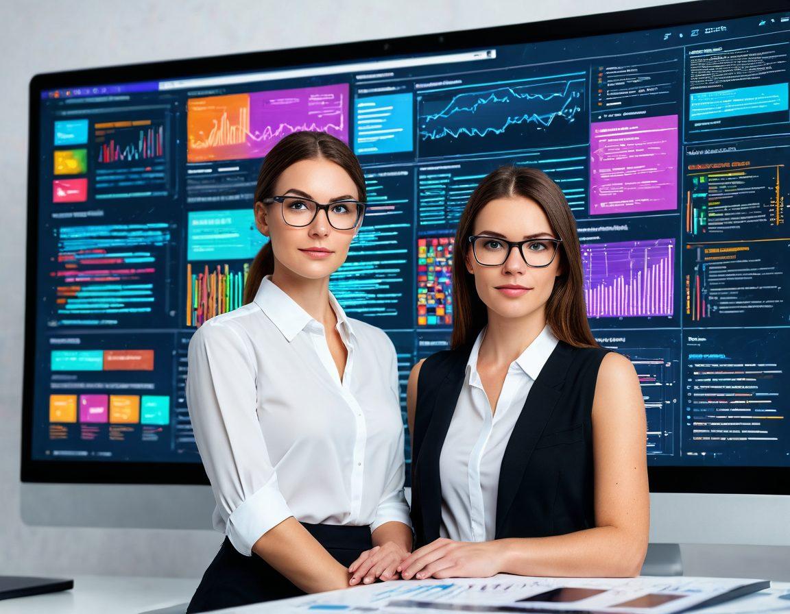 A confident and professional woman standing in front of a large computer screen displaying a beautifully designed website, surrounded by vibrant digital elements like code snippets, graphic design tools, and analytics charts. The background should hint at a modern, high-tech office environment. super-realistic. vibrant colors. white background.