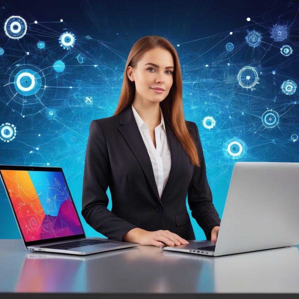 A confident businesswoman, Alicia, with a welcoming smile, standing in front of a sleek laptop displaying vibrant, modern website designs. The background should feature abstract digital connections symbolizing web development and innovation. Include elements like gears and coding snippets subtly mixed in the backdrop. super-realistic. vibrant colors. technology-driven atmosphere.